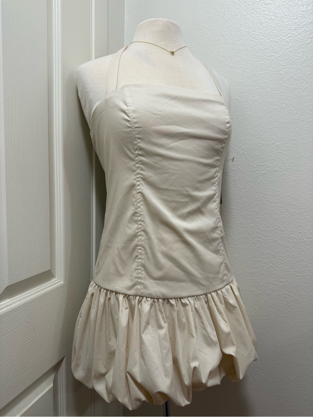 Halter Bubble-Hem Mini Dress in Cream